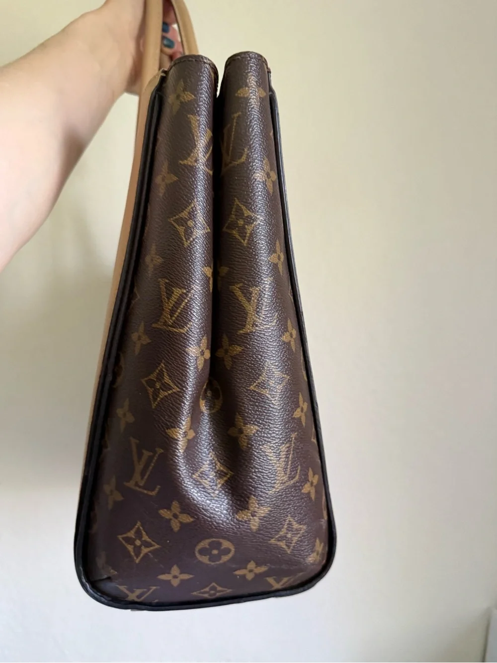 Louis Vuitton Two-Tone Monogram and Tan Leather Tote with Gold V Accent - Picture 4 of 8